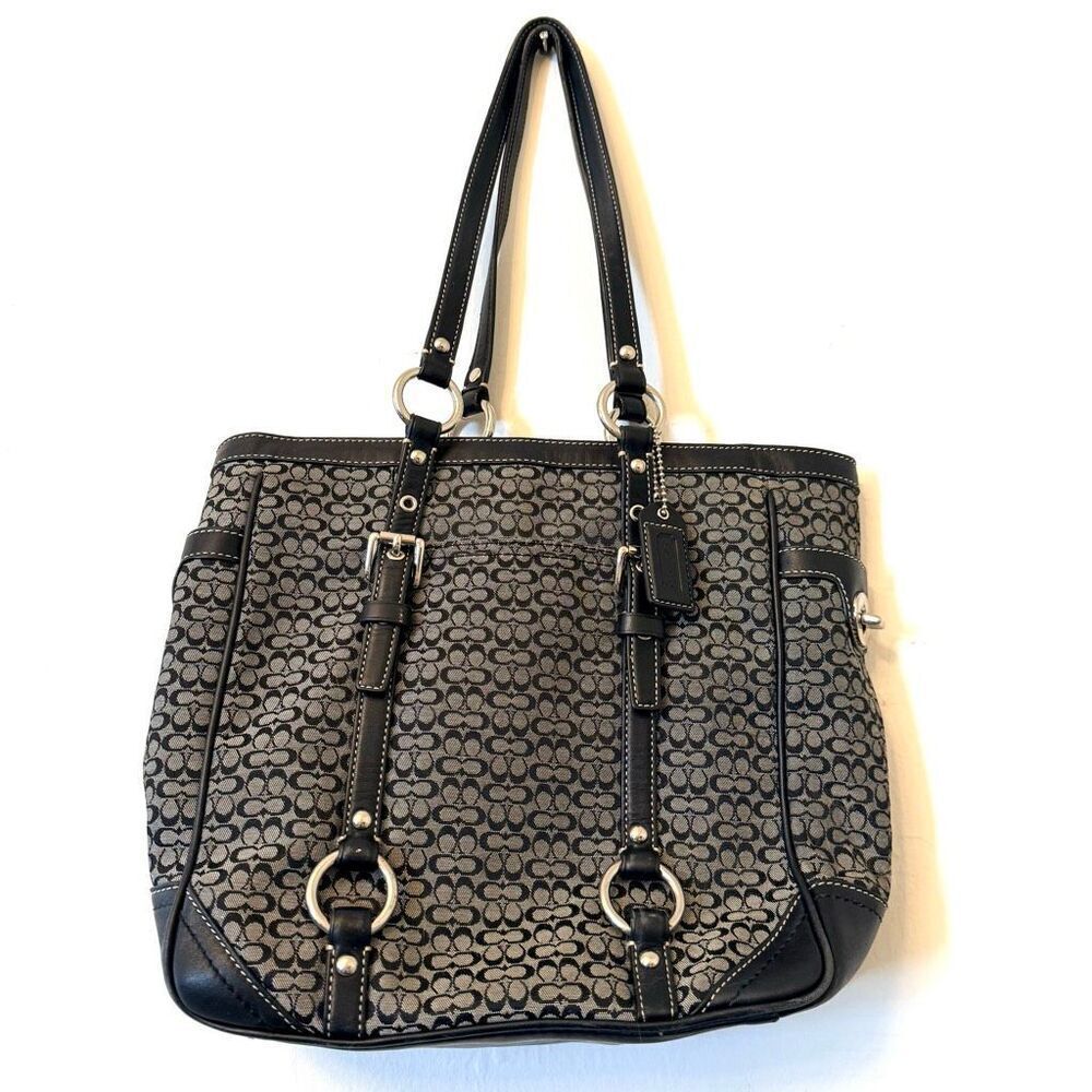 Vintage Coach Signature Gallery Monogram Canvas Leather Black Gray Tote Bag